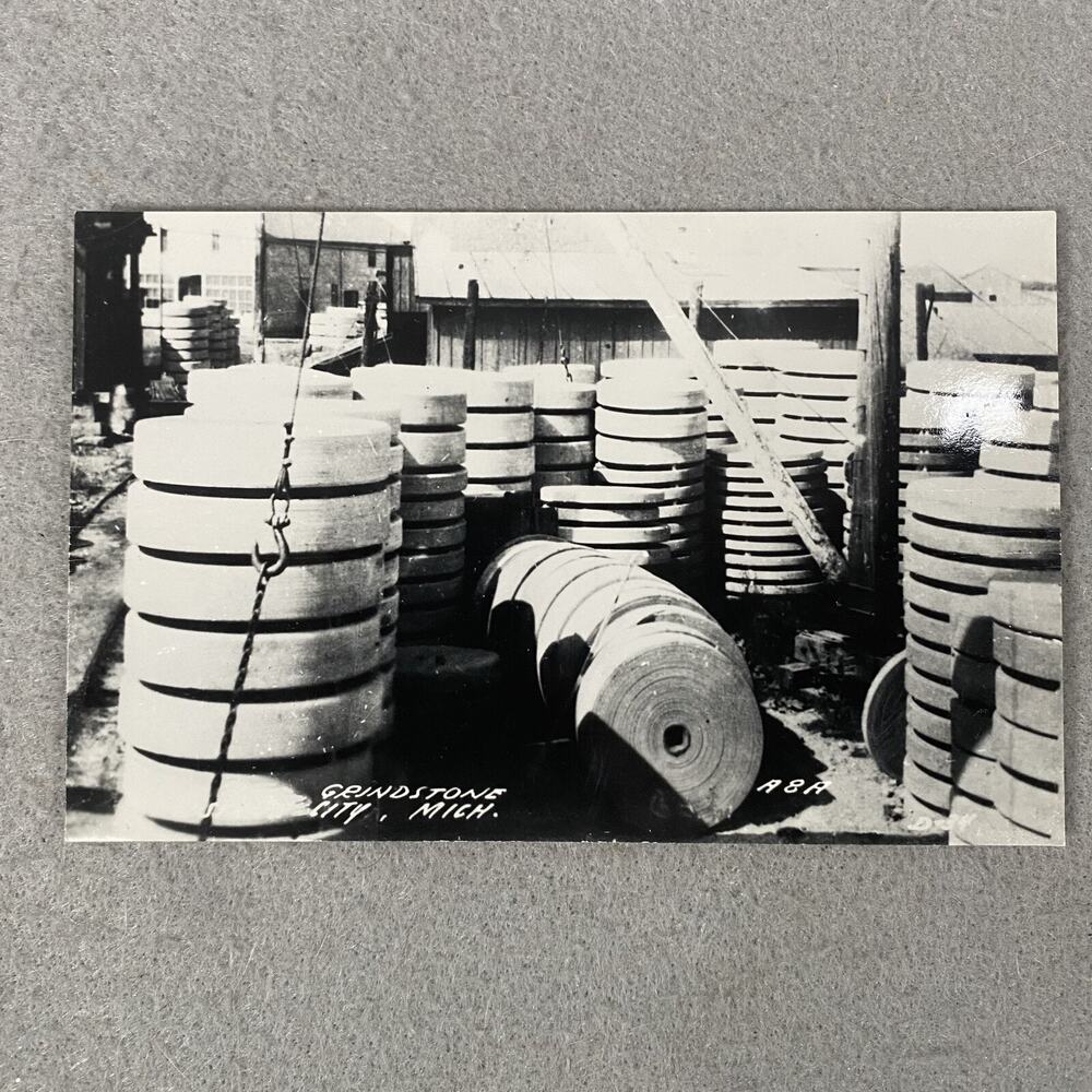 Vintage Grindstone City Stone Piles Michigan RPPC Real Photo B&W Postcard